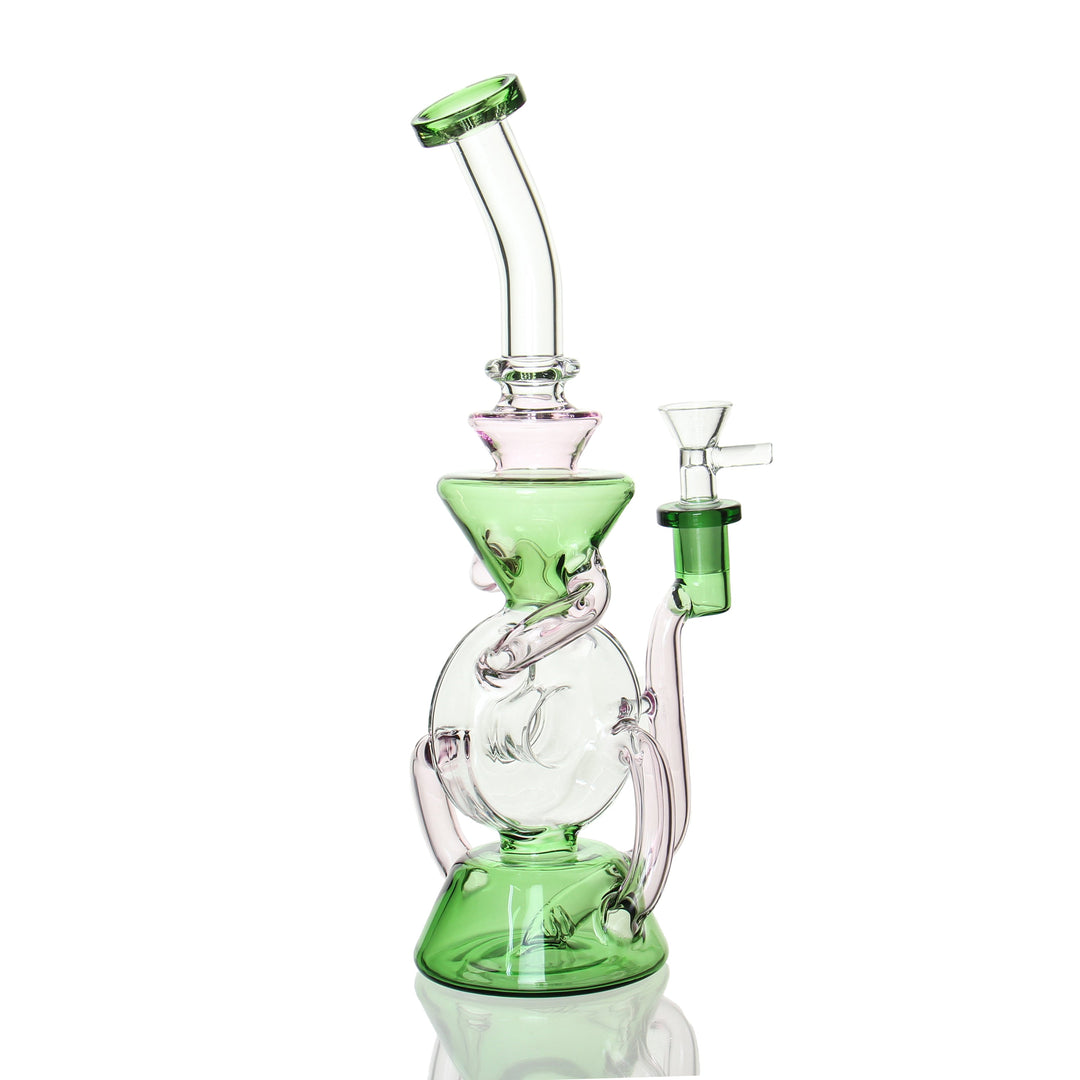 Angies Boutique 11in Dual Uptake Donut Recycler Green and Pink — alternate angle showing recycler loops