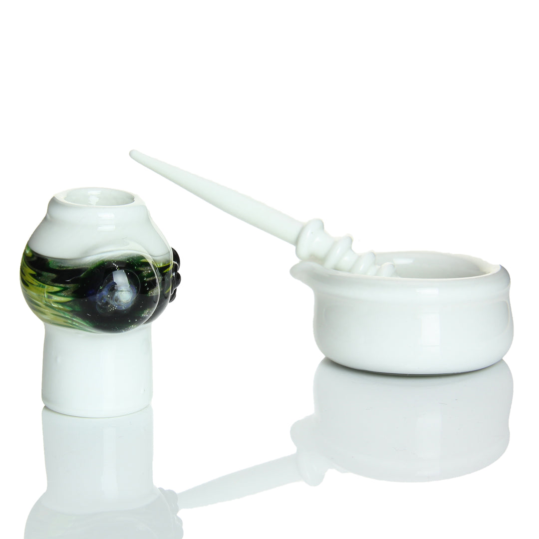 Angies Boutique 18mm Dish, Dome and Dabber Set White — glass dish, vapor dome and dabber set in white