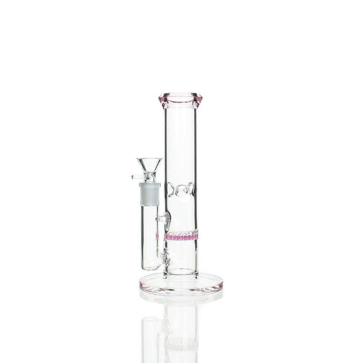 Angies Boutique 8in Straight Stemless Honeycomb Tube Pink — stemless tube bong with honeycomb perc, pink accents