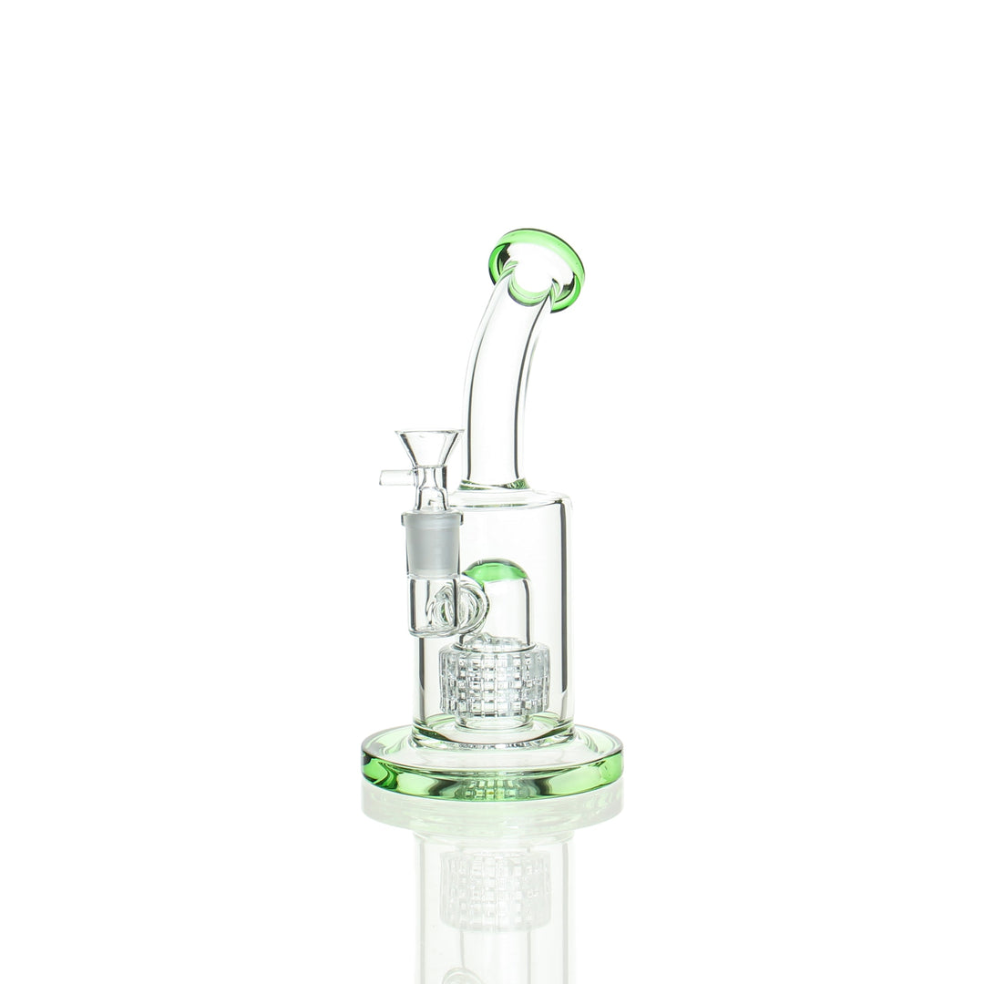 Angies Boutique 9in Matrix Perc Bubbler Stemless Green — stemless bubbler with matrix perc, green accents