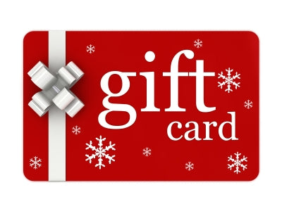 Red Angies Boutique Gift Card with white ribbon and snowflakes, ideal for holiday gifting and flexible shopping options.