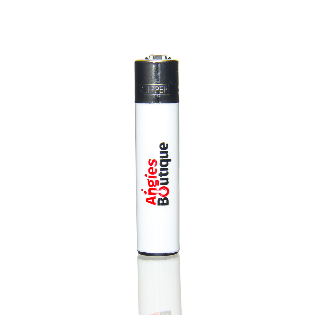 Angies Boutique Clipper Lighter — refillable flint butane lighter with custom Angies Boutique logo branding