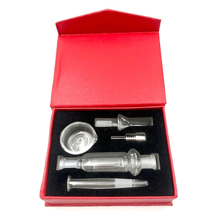 Micro Nectar Collector kit in red box with foam insert, includes titanium and quartz tips, glass body, and dish. Ideal for portable dabbing.