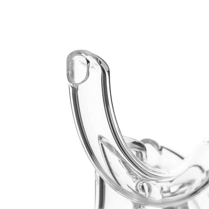 Close-up of the recycler tubes and curved mouthpiece on the Hamm's Aqueduct rig highlighting detailed glasswork.