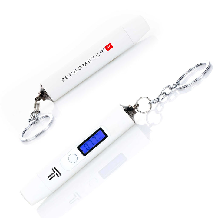 White Terpometer Infrared LE with branding and keychain, featuring a digital screen for precise temperature readings on the go.