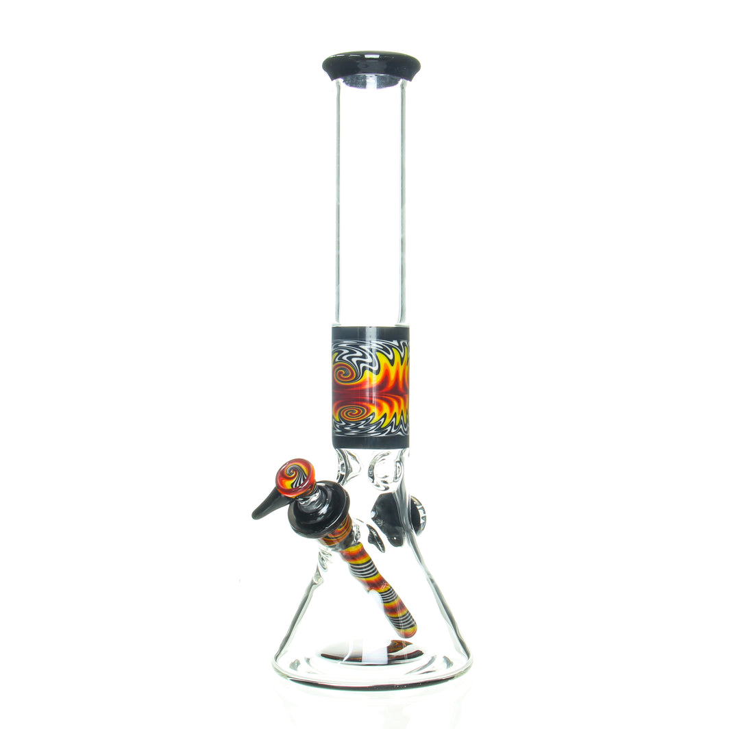 Ben Wilson 14in Worked Beaker Fire — heady glass beaker bong with fire-themed worked glass colorway