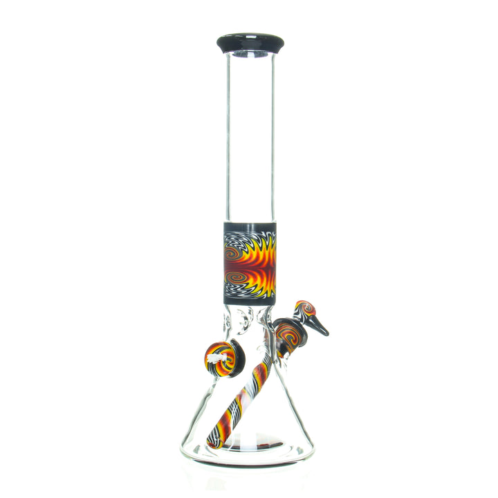 Ben Wilson 14in Worked Beaker Fire — fire-themed worked beaker bong shown from alternate angle