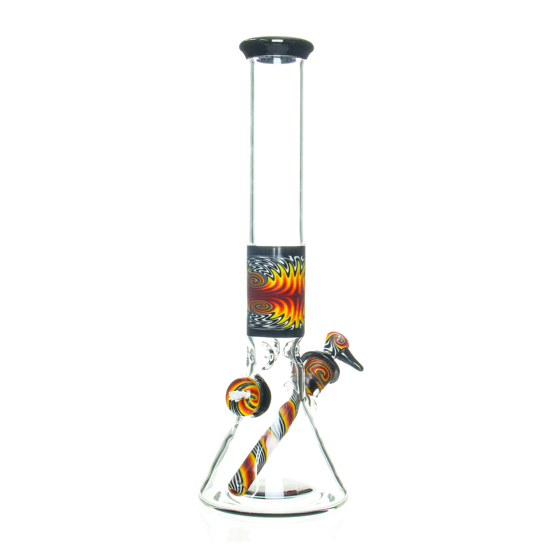 Ben Wilson 14in Worked Beaker Fire — fire-themed worked beaker bong shown from alternate angle