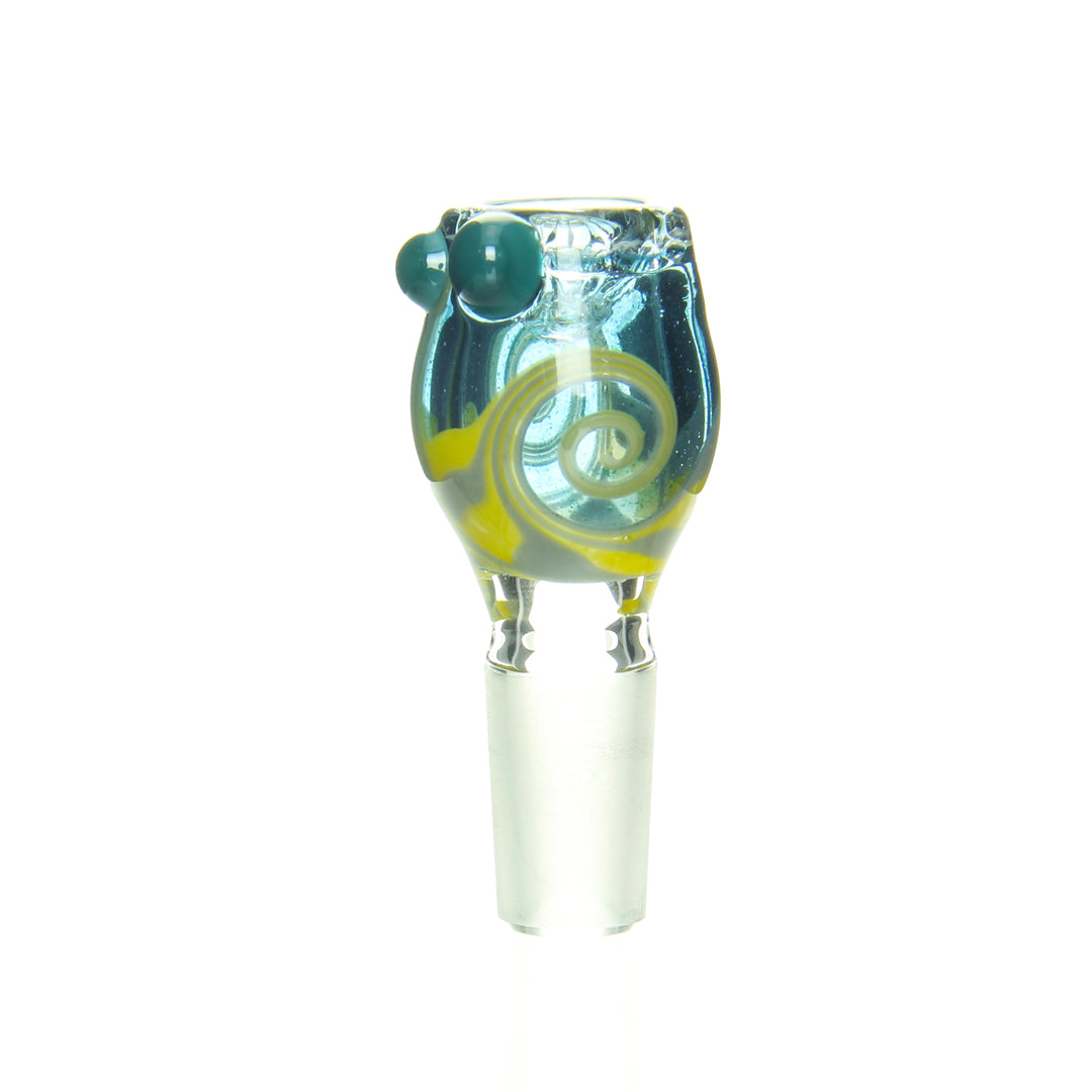 Ben Wilson 14mm Disc Screen Slide Blue Stardust Grey Canary — 14mm disc screen slide with blue stardust, grey, and canary accents