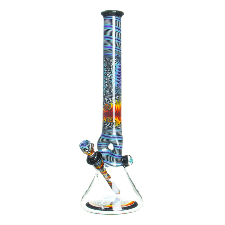 Ben Wilson 17in Worked Triple Donut Beaker Fire Ice — worked glass beaker bong with triple donut perc and fire & ice colorway
