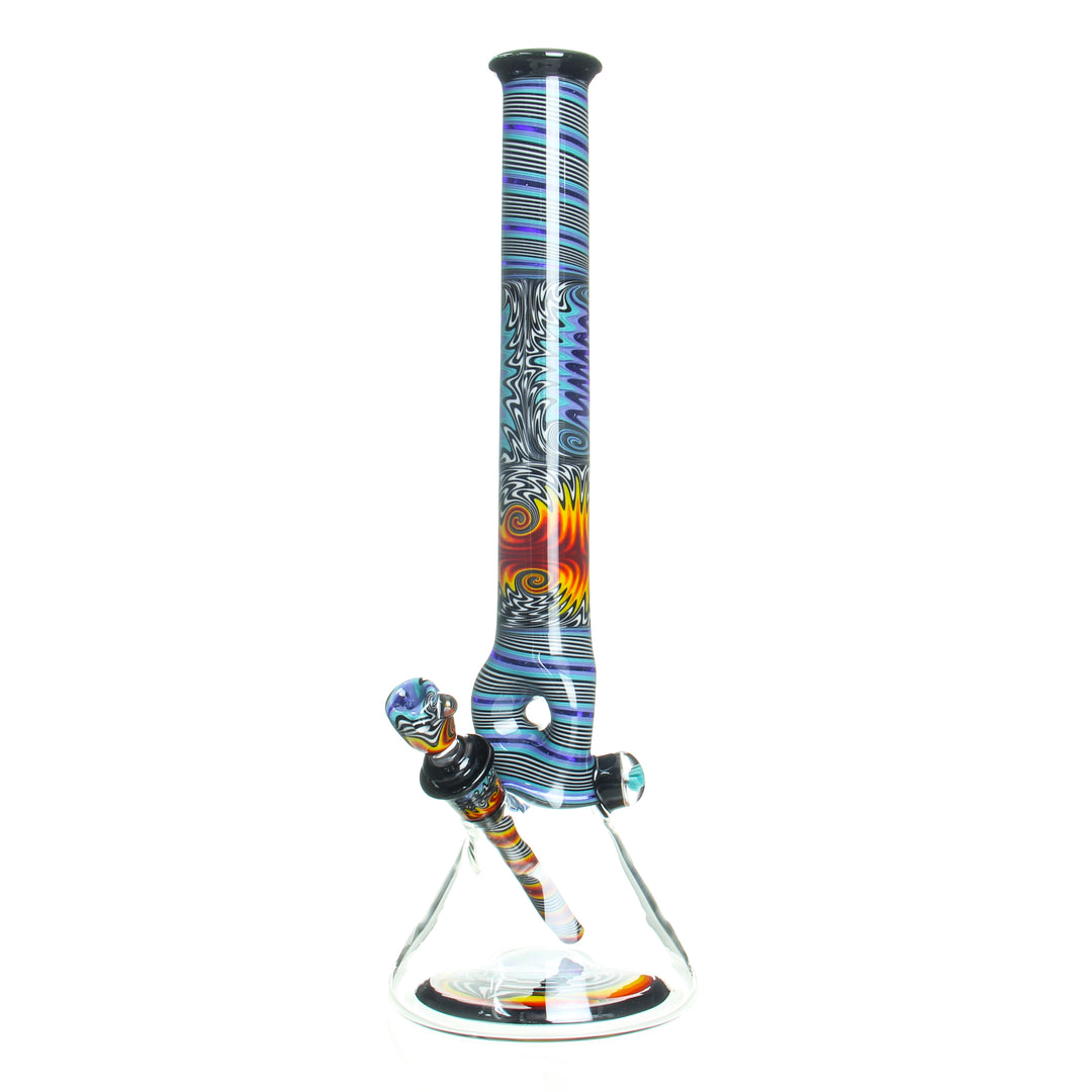 Ben Wilson 17in Worked Triple Donut Beaker Fire Ice — worked glass beaker bong with triple donut perc and fire &amp; ice colorway
