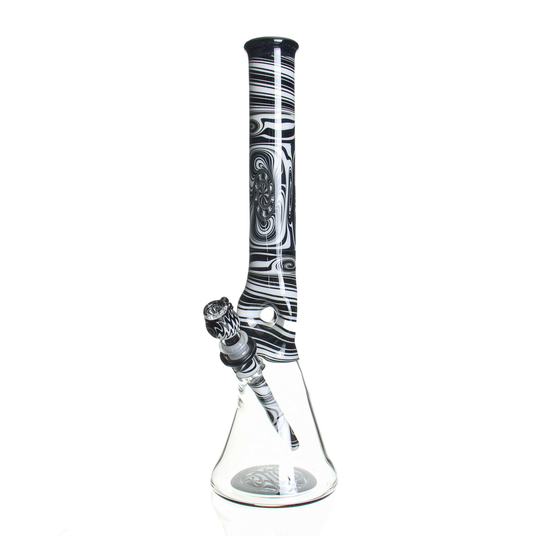 Ben Wilson Custom Triple Donut Beaker Black and White Dichro Wig Wag — custom triple-donut beaker bong in black and white dichro wig wag