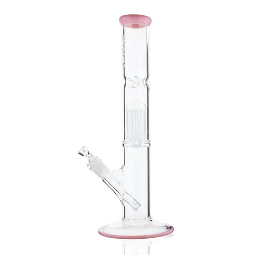 Biohazard 14in Straight 10 Arm Tree Perc Pink — straight tube bong with 10 arm tree perc, alternate angle