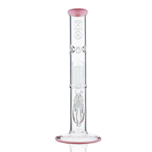 Biohazard 14in Straight 10 Arm Tree Perc Pink — straight tube bong with 10 arm tree perc, perc and chamber detail