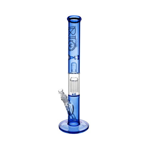 Biohazard 18in Straight Full Color 10 Arm Tree Perc Blue — full color straight tube bong with 10 arm tree perc, hero shot