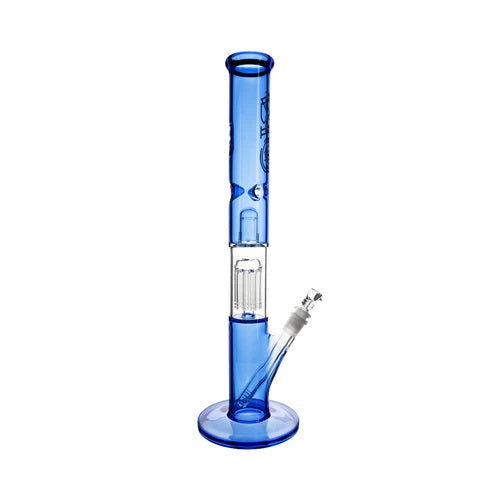 Biohazard 18in Straight Full Color 10 Arm Tree Perc Blue — full color straight tube bong with 10 arm tree perc, alternate angle
