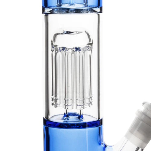 Biohazard 18in Straight Full Color 10 Arm Tree Perc Blue — full color straight tube bong with 10 arm tree perc, perc and chamber detail