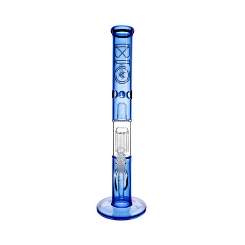 Biohazard 18in Straight Full Color 10 Arm Tree Perc Blue — full color straight tube bong with 10 arm tree perc, base and label detail