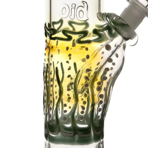 Biohazard 18in Worked Straight Green — worked straight tube bong, base and label detail