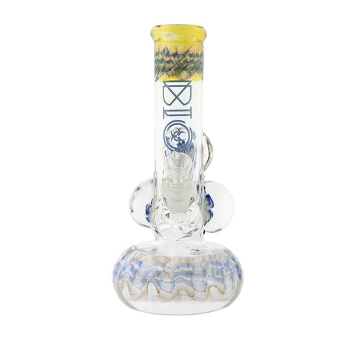 Biohazard 9in 3 Marble Bubble Bottom Blue — bubble bottom water pipe with 3 marbles, base and label detail