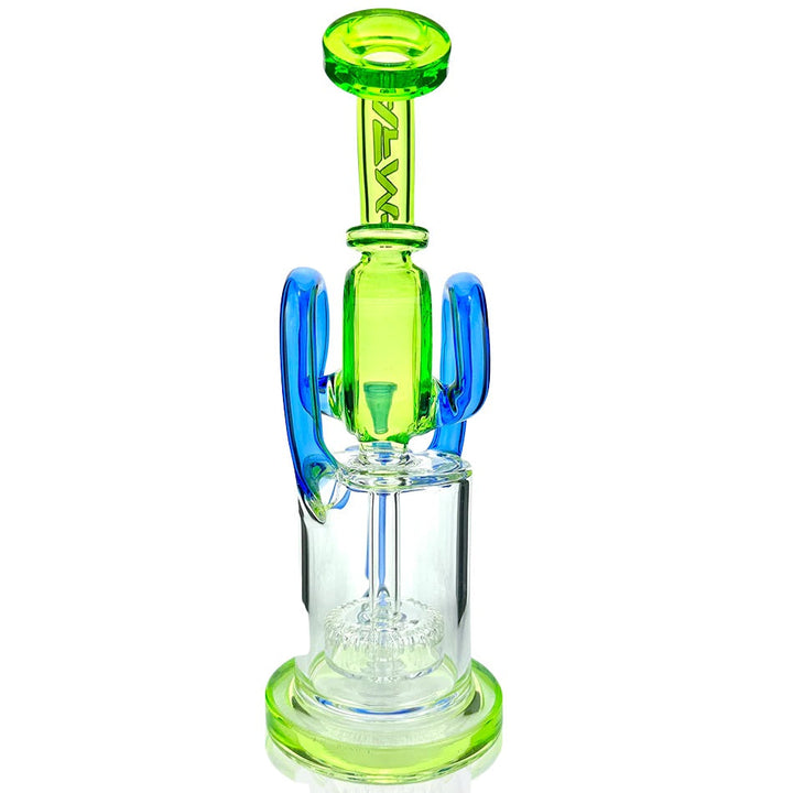 Rear view of AFM - Dual Pump Recycler - Green glass water pipe showing reinforced stemless arm, dual recycler function, and AFM logo on neck.