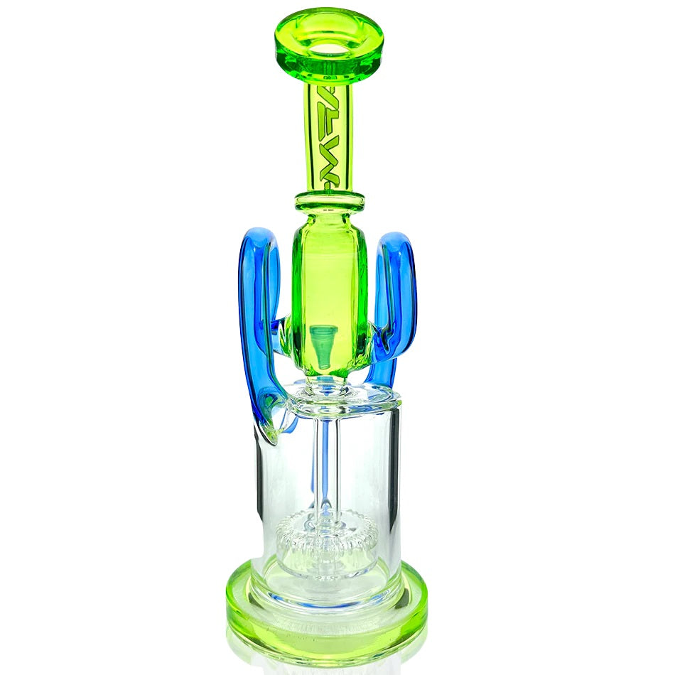 Rear view of AFM - Dual Pump Recycler - Green glass water pipe showing reinforced stemless arm, dual recycler function, and AFM logo on neck.