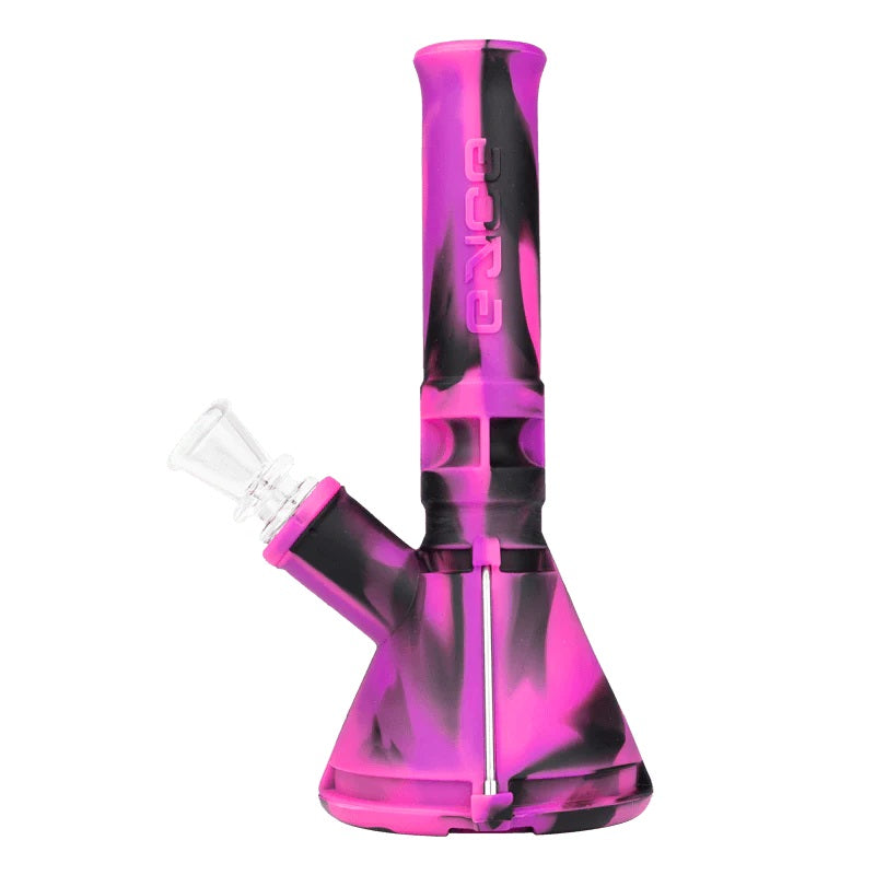 Eyce Silicone Mini Beaker in pink and black swirl design, a compact and durable 7-inch water pipe with 14mm female joint for travel use.