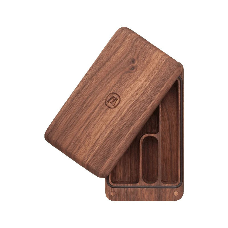 Marley Natural Case - Compact Wood Carrying with slide-top lid, crafted from sustainable walnut wood and featuring multi-compartment interior.
