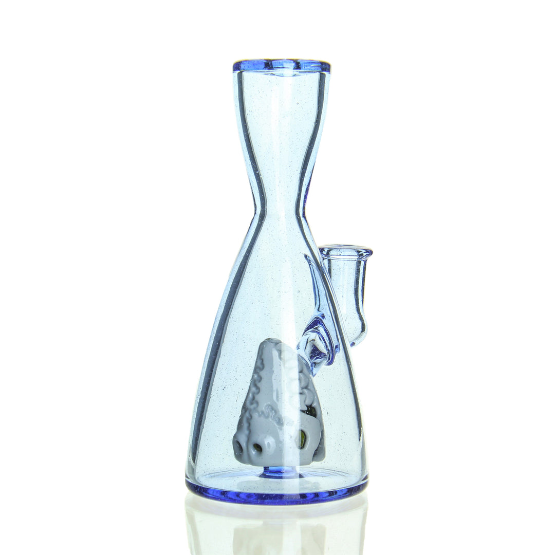 Chadd Lacy x Babedrienne Head In A Bottle Blowhole Blue Chartreuse — collab bottle-shaped dab rig shown from alternate angle