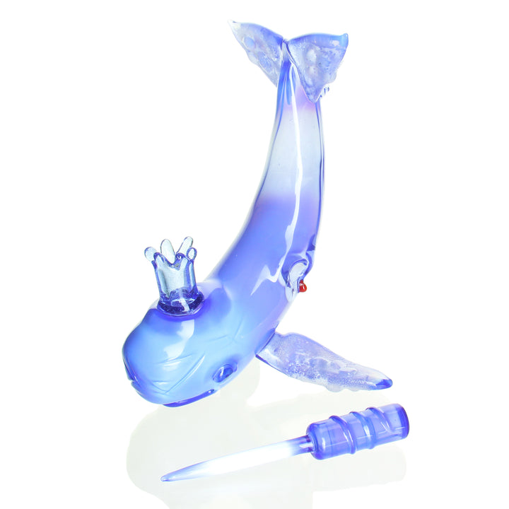 Chadd Lacy Moby Dick Whale Deja Blue — heady whale-themed glass dab rig detail view of tail and fin sculpting