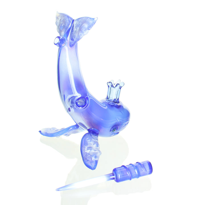 Chadd Lacy Moby Dick Whale Deja Blue — heady whale-themed glass dab rig top-down view of mouthpiece
