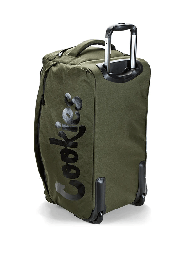 Cookies SF Trek Roller Smell Proof Travel Bag — Olive colorway rolling travel bag, alternate angle