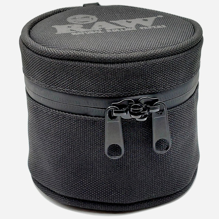 Raw Smell Proof Cozy in black with dual zipper, designed to discreetly store the 10 oz glass jar for odor-free storage.