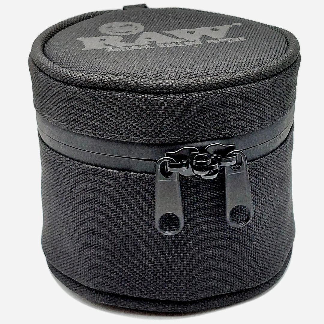 Raw Smell Proof Cozy in black with dual zipper, designed to discreetly store the 10 oz glass jar for odor-free storage.