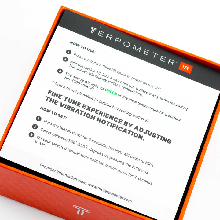 Terpometer Infrared LE packaging insert with usage instructions, emphasizing temperature range, vibration feedback, and setup steps.
