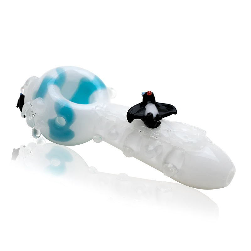 Empire Glassworks Icy Penguins Pipe Small — sculpted penguin-themed glass hand pipe, hero shot
