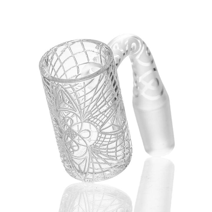 Eternal Quartz 25mm Linework Engraved Banger 14mm Male 90deg — 25mm linework-engraved quartz banger with 14mm male joint at 90 degrees
