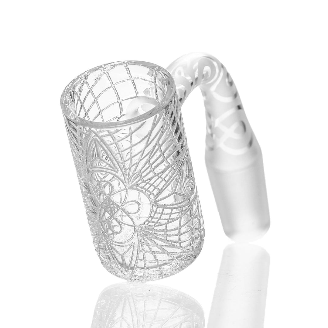 Eternal Quartz 25mm Linework Engraved Banger 14mm Male 90deg — 25mm linework-engraved quartz banger with 14mm male joint at 90 degrees