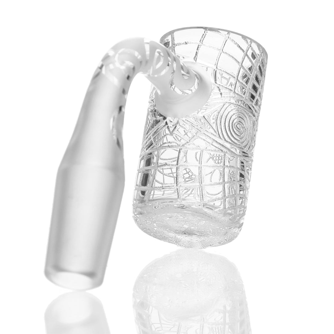 Eternal Quartz 25mm Linework Engraved Banger 14mm Male 90deg — 14mm linework banger from alternate angle