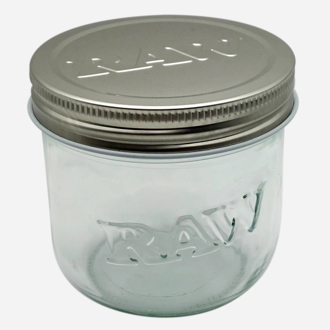 10 oz RAW glass jar with embossed logo and metal screw-on lid, ideal for airtight and smell-proof storage of herbs or contents.