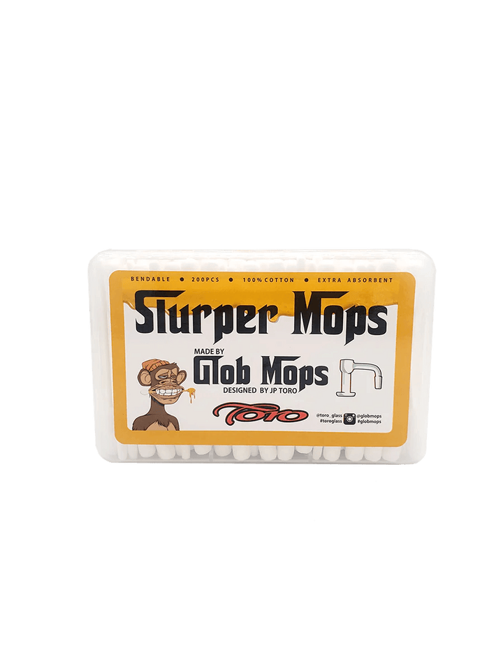 Glob Mops - Slurper Mops pack of 200 bendable, extra absorbent cotton tips designed for slurper nails, shown in branded packaging.