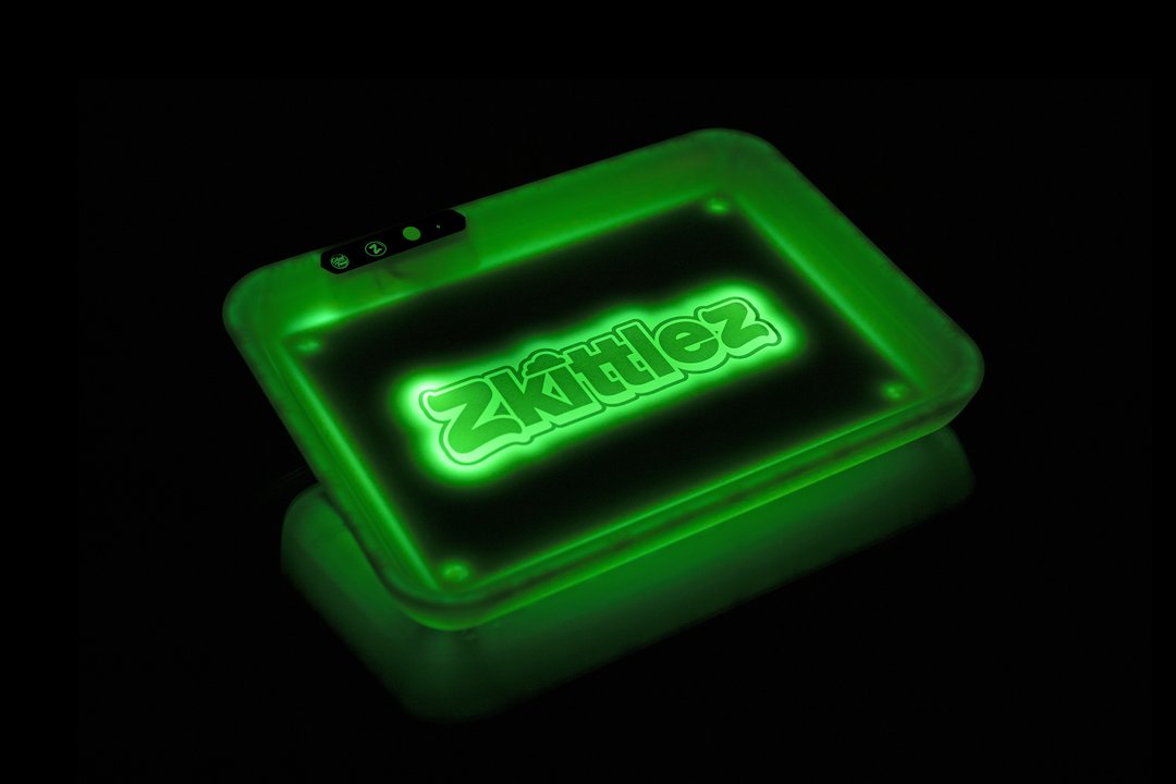 Glow Tray x Zkittlez Rolling Tray Green — glow-in-the-dark rolling tray with green Zkittlez branding