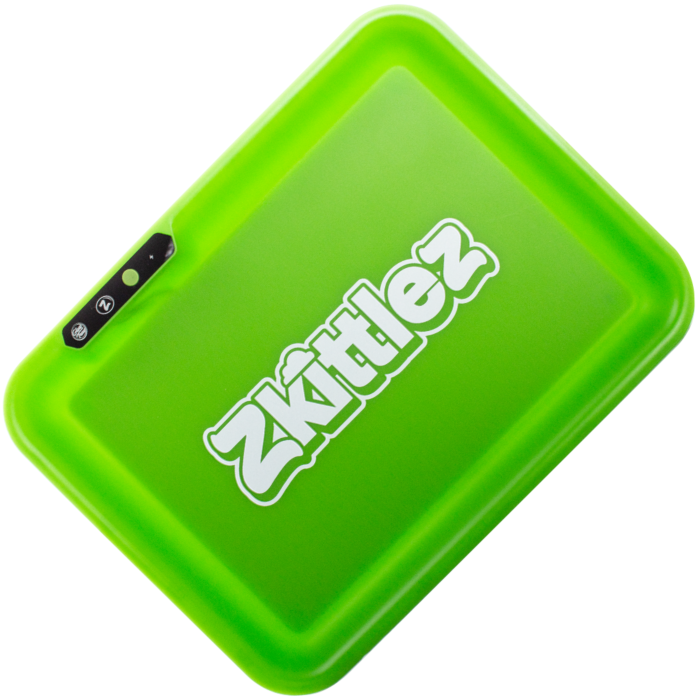 Glow Tray x Zkittlez Rolling Tray Green — glow-in-the-dark rolling tray in green shown glowing in dark