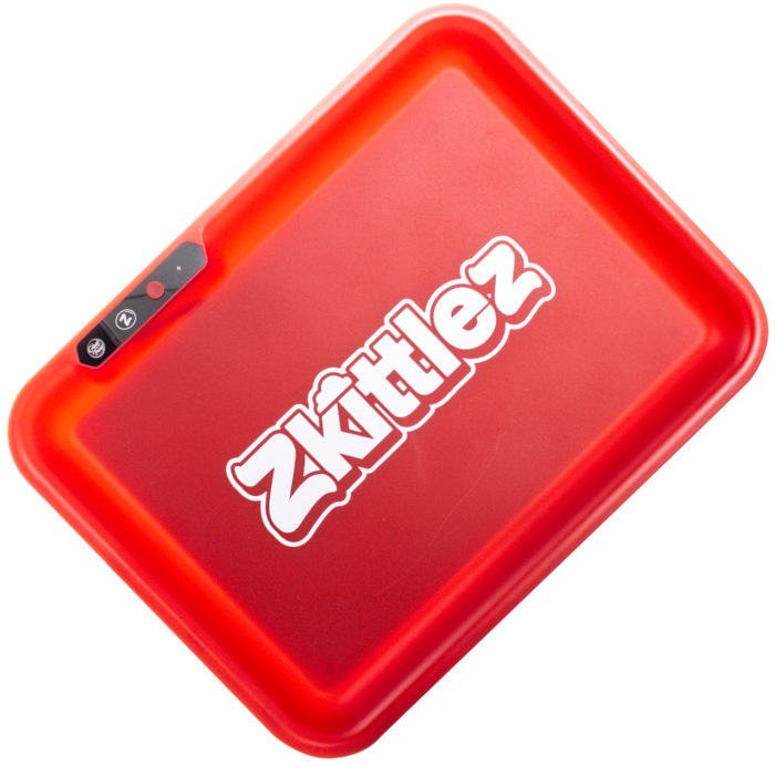 Glow Tray x Zkittlez Rolling Tray Red — glow-in-the-dark rolling tray in red shown glowing in dark