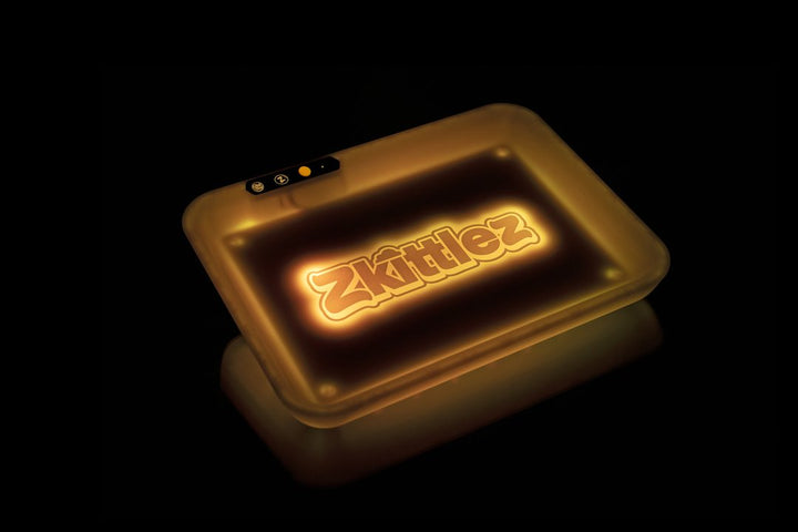 Glow Tray x Zkittlez Rolling Tray Yellow — glow-in-the-dark rolling tray with yellow Zkittlez branding