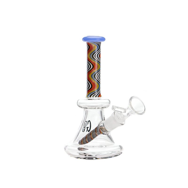 Green Bear Glass Striped Bell Mini Beaker Slime Blue — striped bell mini beaker bong, slime blue accents, hero shot