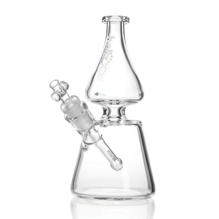 GRAV Helix Beaker Water Pipe – 8.25 inch clear borosilicate beaker with Venturi mouthpiece, white Helix decal and removable downstem.