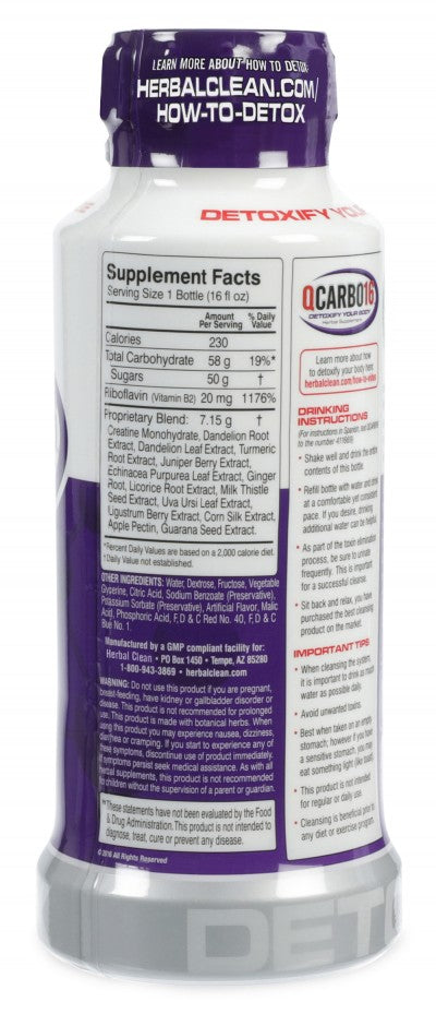 Herbal Clean QCarbo16 grape detox drink — 16 oz bottle with nutrient-enriched cleansing formula