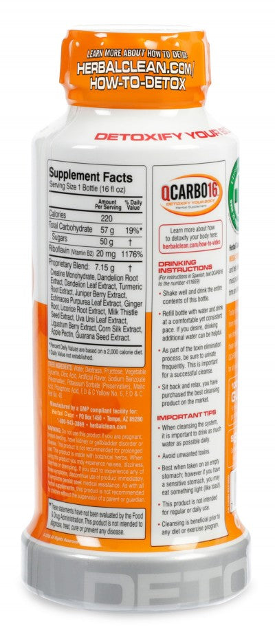 Herbal Clean QCarbo16 orange detox drink — 16 oz bottle, nutrient-enriched cleansing formula