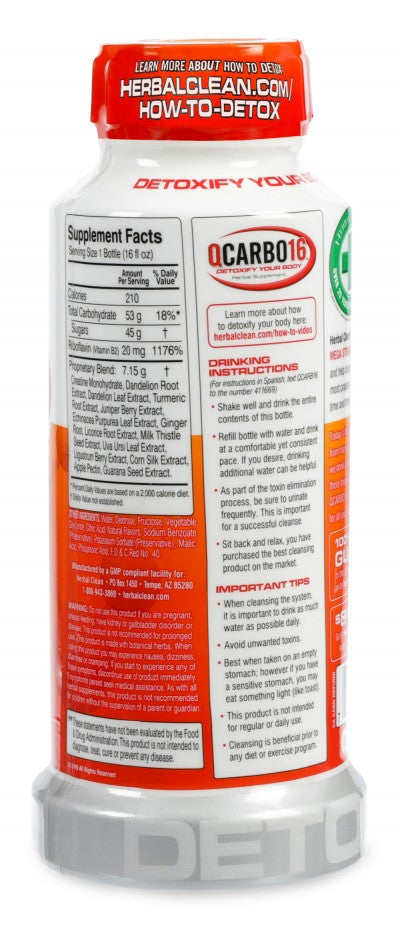 Herbal Clean QCarbo16 strawberry mango detox drink — 16 oz bottle with nutrient-enriched formula